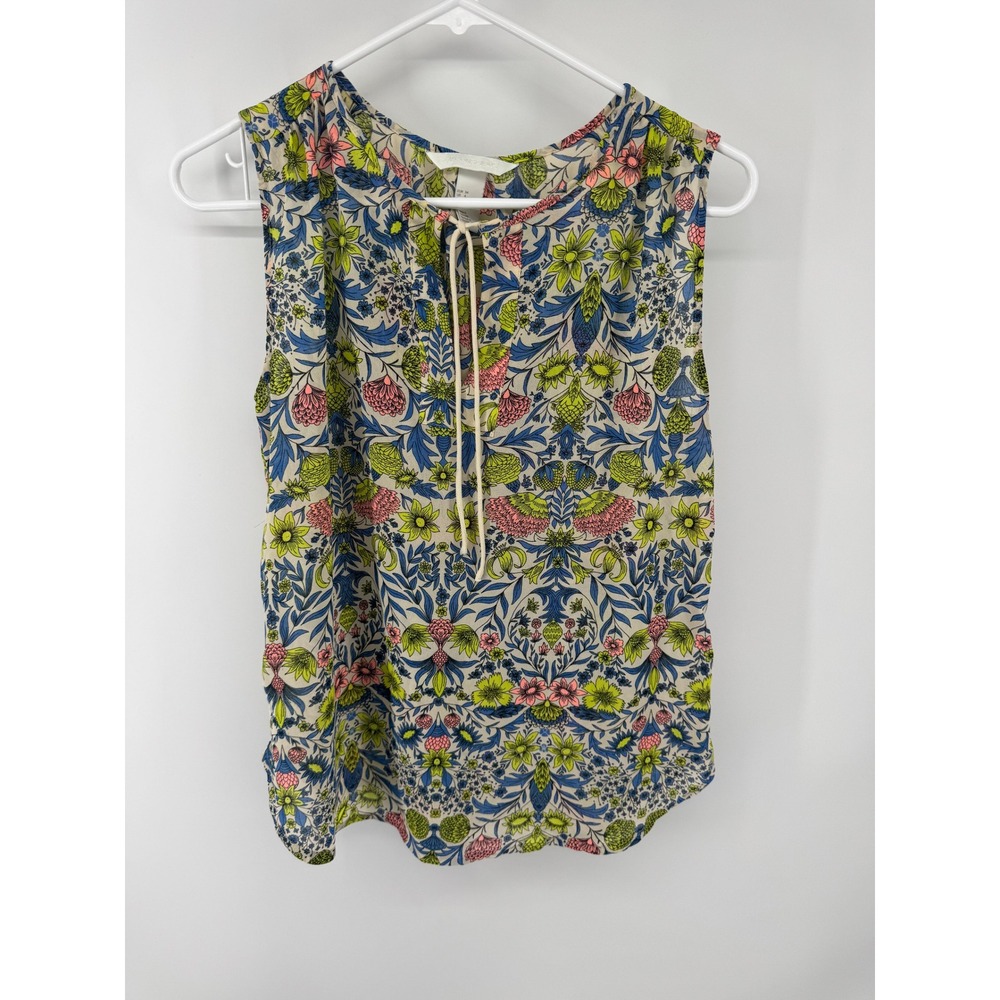 HM Conscious Women Floral Sleeveless Blouse Blue Green Pink Tie Neck Top Size 4